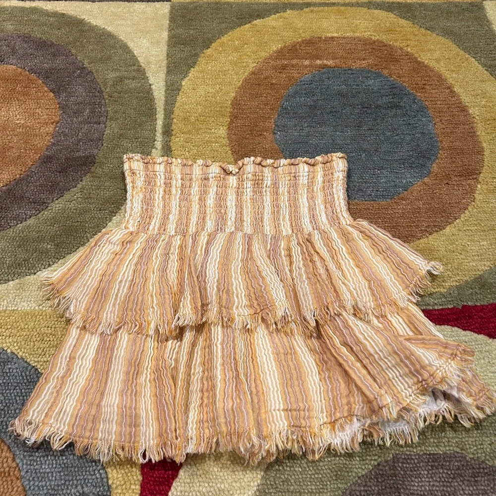Aerie Tiered Ruffle Skirt Stripe Orange White Frayed Ruched Preppy Style Size XS - Picture 3 of 3